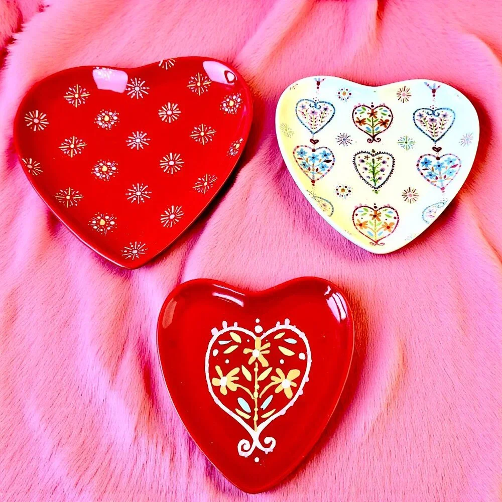 Department 56 Ceramic Trinket Dish Plate Heart Flowers Set of 3